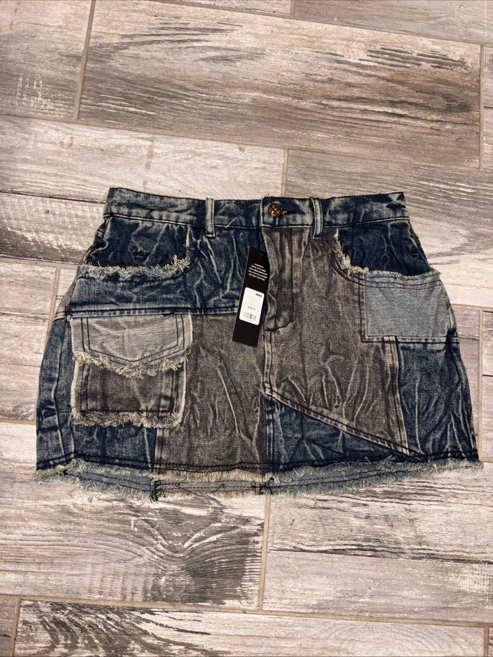 Distressed Patchwork Denim Mini Skirt - Blue medium NEW